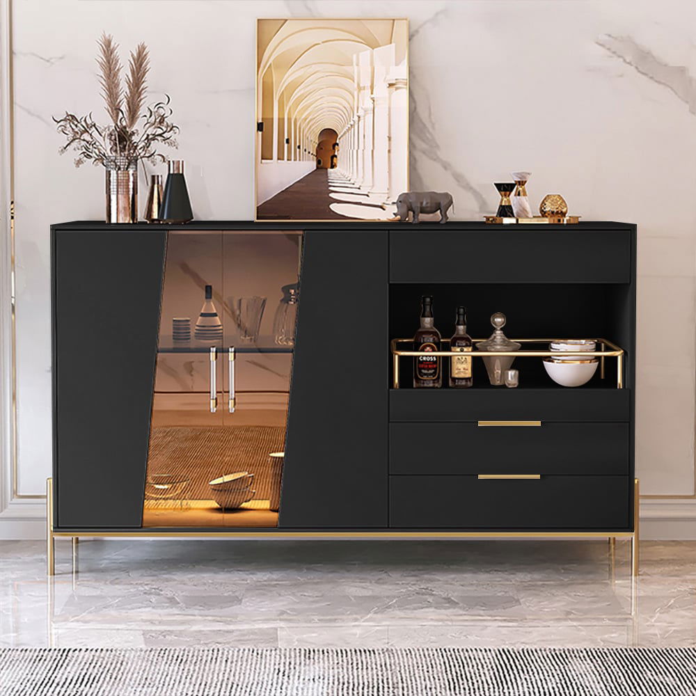 Dolawn Modern 1400mm Black Sideboard Buffet Tempered Glass Doors & Shelf Tray Wine Rack - Homary