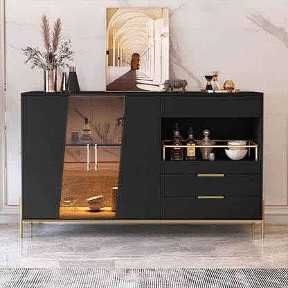 Dolawn Modern 1400mm Black Sideboard Buffet Tempered Glass Doors & Shelf Tray Wine Rack - Homary