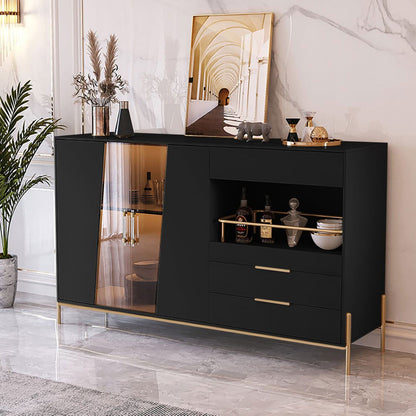 Dolawn Modern 1400mm Black Sideboard Buffet Tempered Glass Doors & Shelf Tray Wine Rack - Homary