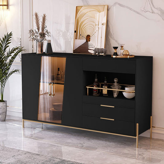 Dolawn Modern 1400mm Black Sideboard Buffet Tempered Glass Doors & Shelf Tray Wine Rack - Homary