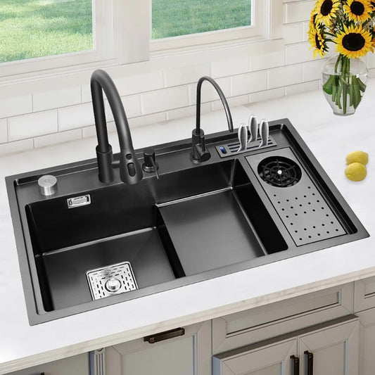 Drop-in Kitchen Sink Workstation With High-pressure Cup Washer Stainless Steel in Black - Homary