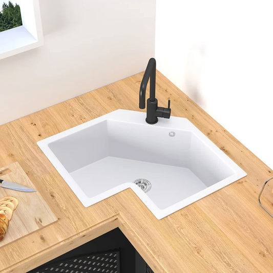 Drop In Corner Irregular Kitchen Sink White 25" Quartz - 
