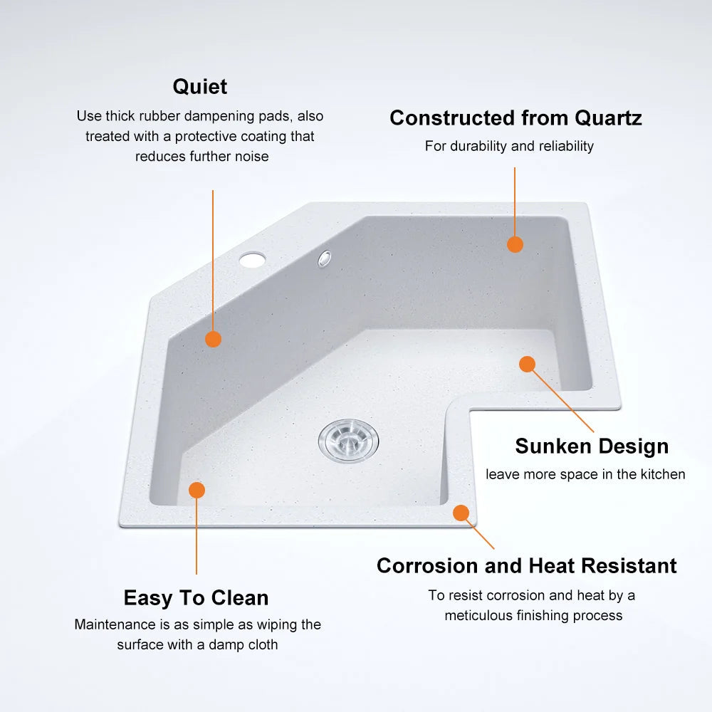 Drop In Corner Irregular Kitchen Sink White 25" Quartz - 