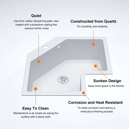 Drop In Corner Irregular Kitchen Sink White 25" Quartz - 