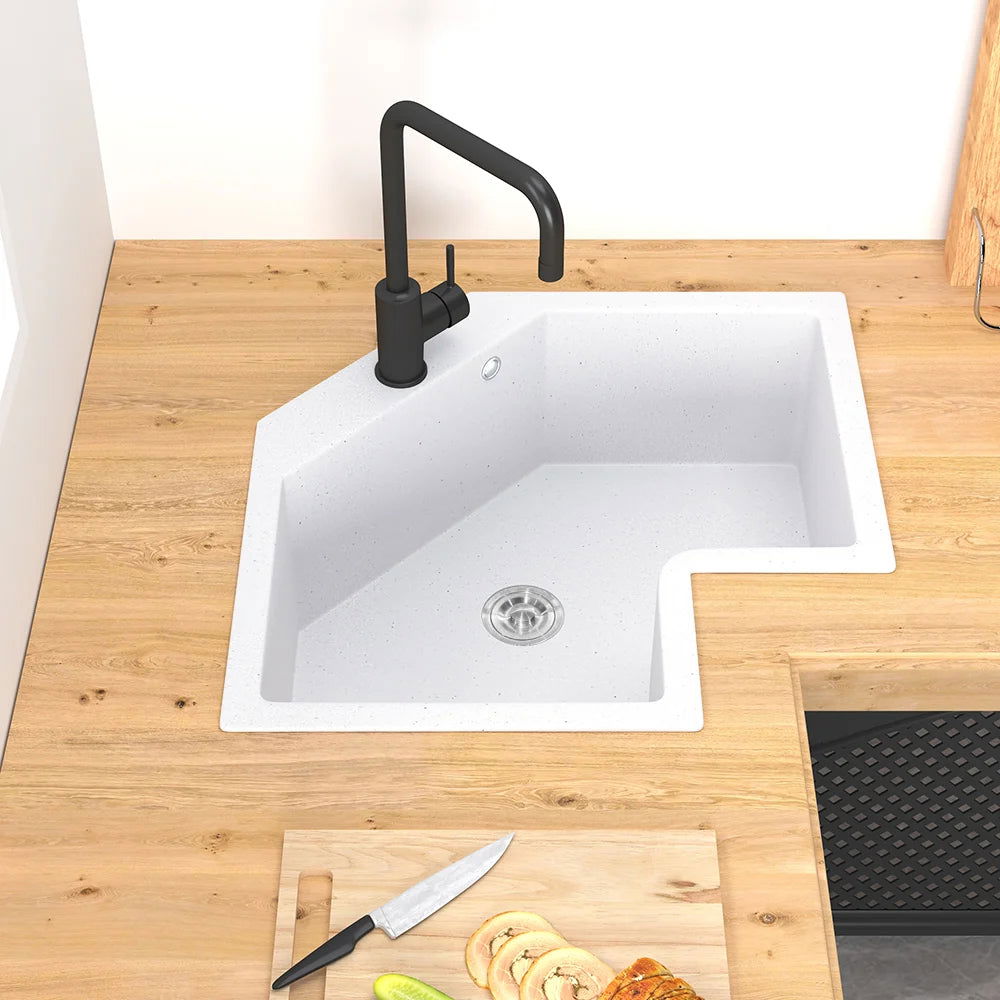 Drop In Corner Irregular Kitchen Sink White 25" Quartz - 