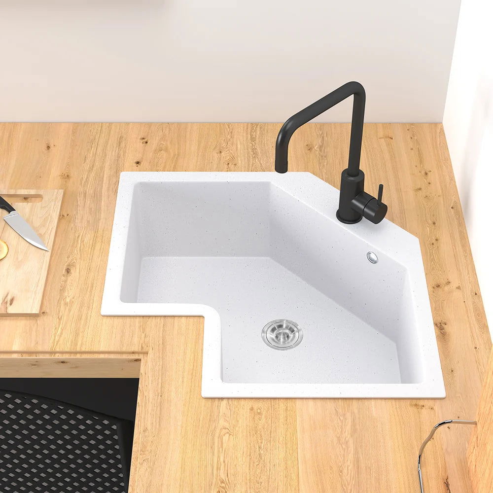 Drop In Corner Irregular Kitchen Sink White 25" Quartz - Homary