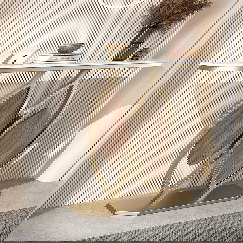 Duo 1000mm White Console Table Modern Accent Table For Entryway with Sintered Stone Top - 