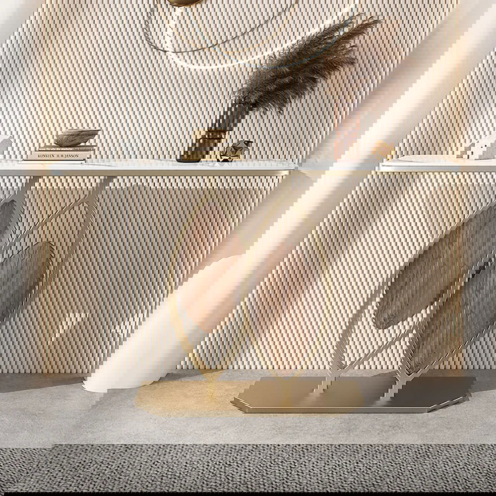 Duo 1000mm White Console Table Modern Accent Table For Entryway with Sintered Stone Top - 