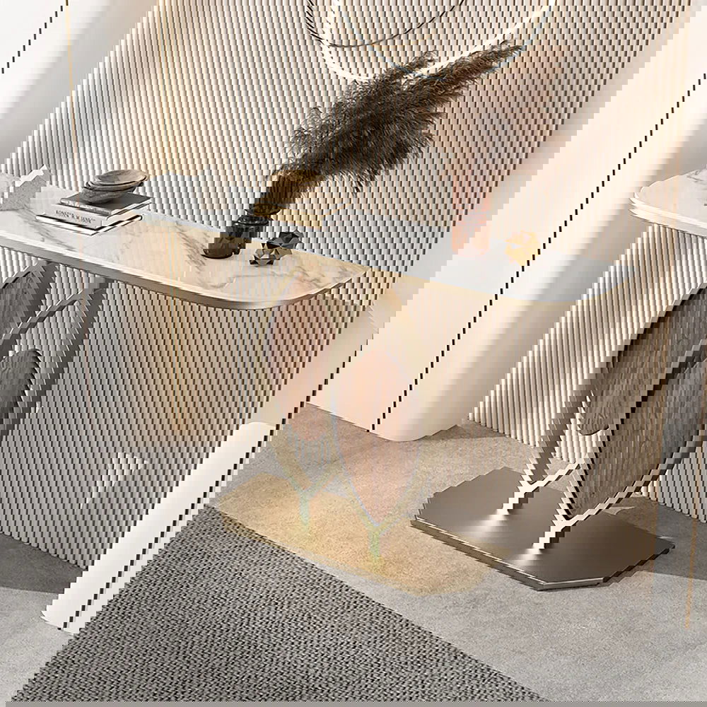 Duo 1000mm White Console Table Modern Accent Table For Entryway with Sintered Stone Top - 