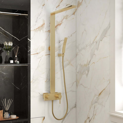 Exposed Brushed Gold Wall-Mount Rain Shower Set with Hand Shower - 