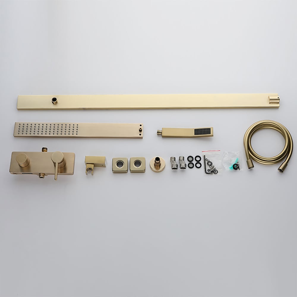 Exposed Brushed Gold Wall-Mount Rain Shower Set with Hand Shower - 