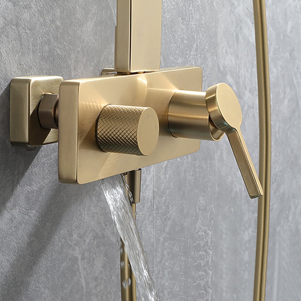 Exposed Brushed Gold Wall-Mount Rain Shower Set with Hand Shower - 