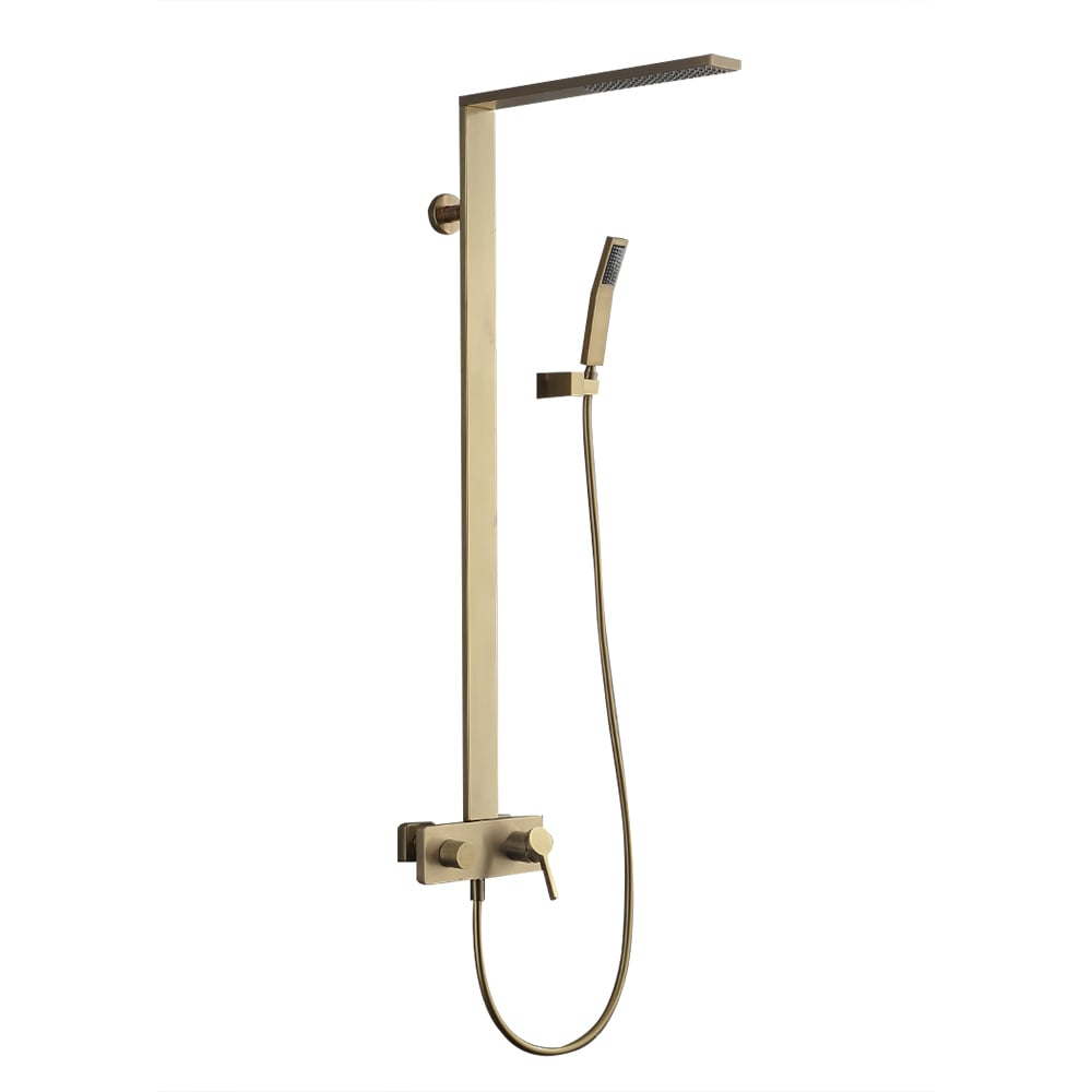 Exposed Brushed Gold Wall-Mount Rain Shower Set with Hand Shower - 
