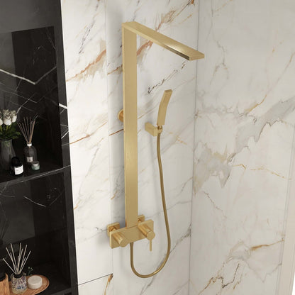 Exposed Brushed Gold Wall-Mount Rain Shower Set with Hand Shower - 