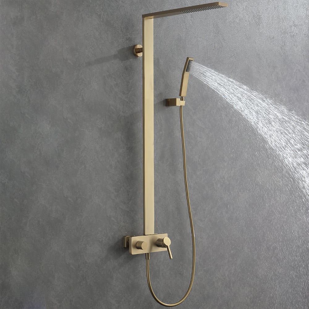 Exposed Brushed Gold Wall-Mount Rain Shower Set with Hand Shower - Homary