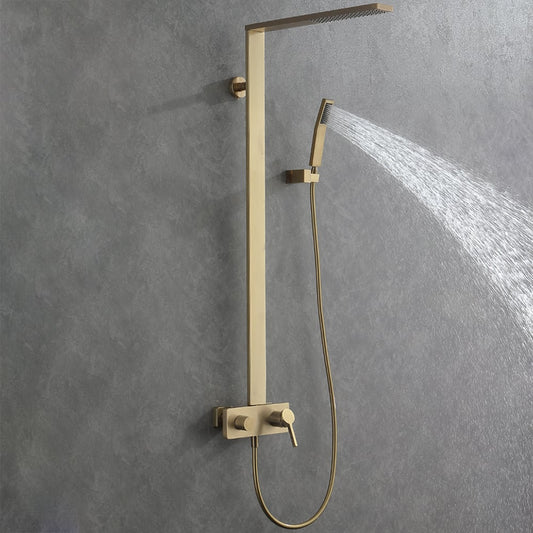Exposed Brushed Gold Wall-Mount Rain Shower Set with Hand Shower - Homary