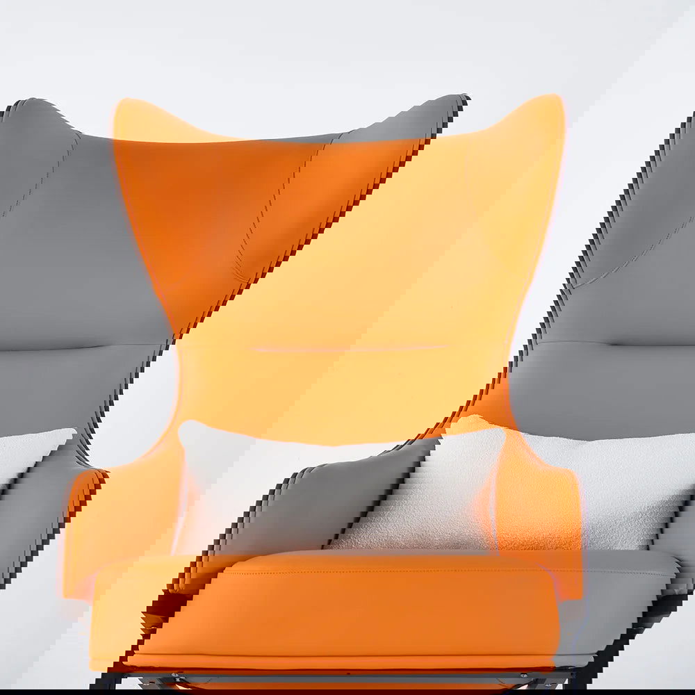 Faux Brown Leather Wingback Lounge Chair with Gold Trestle Base - 