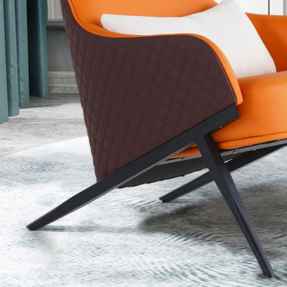 Faux Brown Leather Wingback Lounge Chair with Gold Trestle Base - 