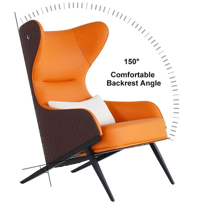 Faux Brown Leather Wingback Lounge Chair with Gold Trestle Base - 