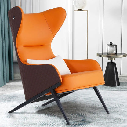 Faux Brown Leather Wingback Lounge Chair with Gold Trestle Base - Homary