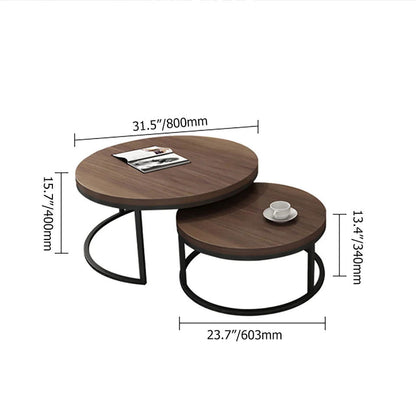Fero 2 Pieces Modern Walnut & Black Round Nesting Coffee Table for Living Room - 