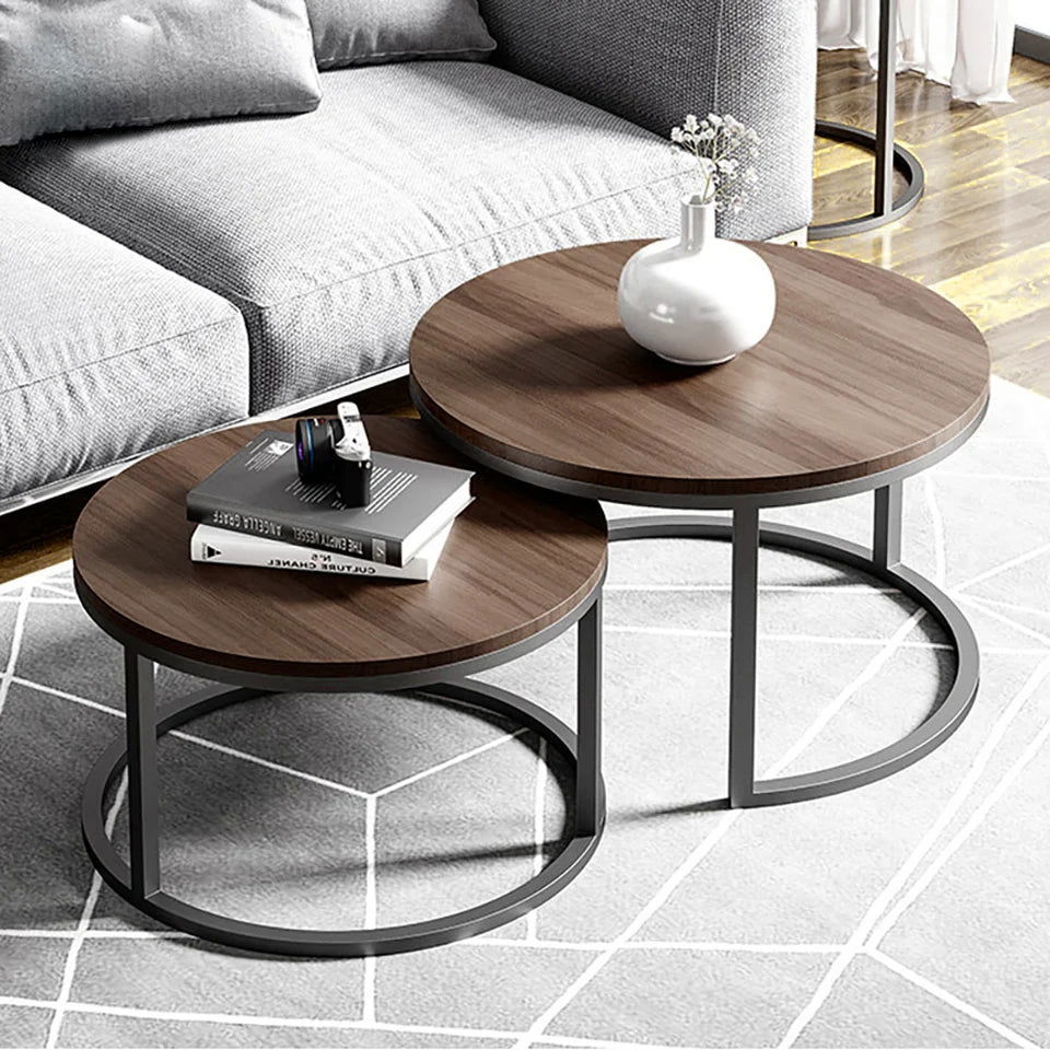 Fero 2 Pieces Modern Walnut & Black Round Nesting Coffee Table for Living Room - 