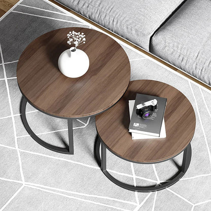 Fero 2 Pieces Modern Walnut & Black Round Nesting Coffee Table for Living Room - 