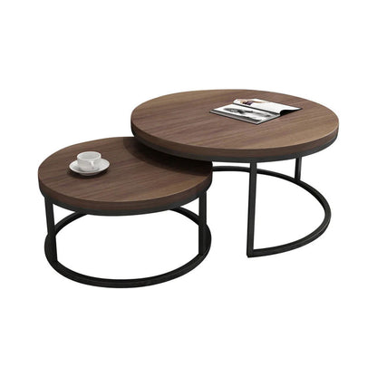 Fero 2 Pieces Modern Walnut & Black Round Nesting Coffee Table for Living Room - 