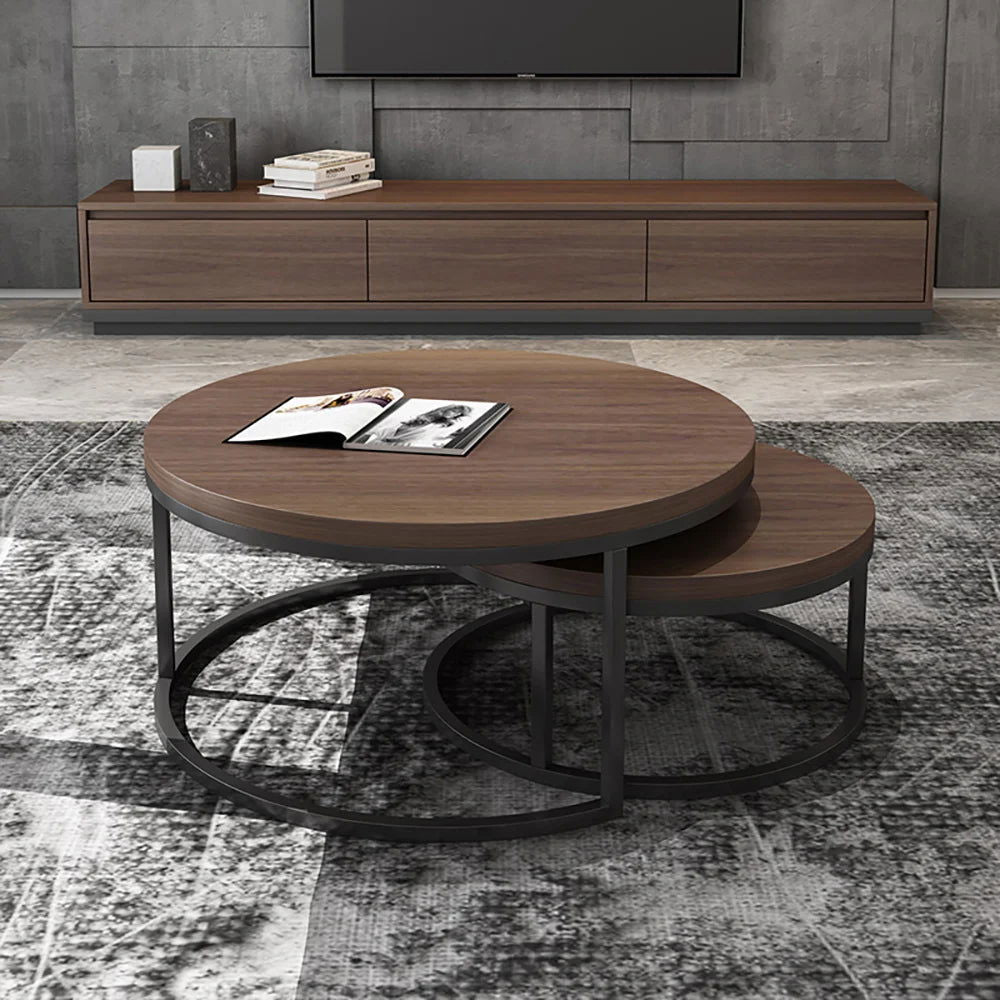 Fero 2 Pieces Modern Walnut & Black Round Nesting Coffee Table for Living Room - 