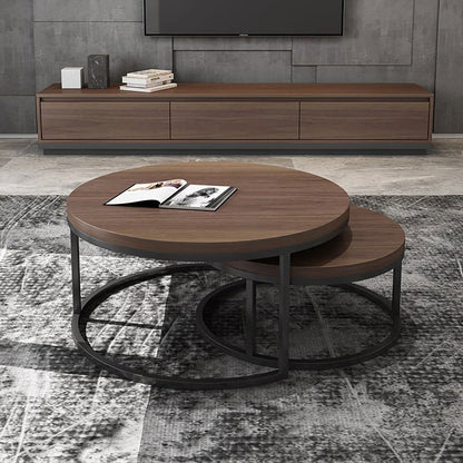 Fero 2 Pieces Modern Walnut & Black Round Nesting Coffee Table for Living Room - 