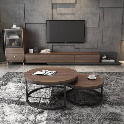 Fero 2 Pieces Modern Walnut & Black Round Nesting Coffee Table for Living Room - 