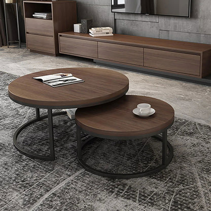 Fero 2 Pieces Modern Walnut & Black Round Nesting Coffee Table for Living Room - 