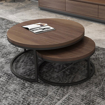 Fero 2 Pieces Modern Walnut & Black Round Nesting Coffee Table for Living Room - 