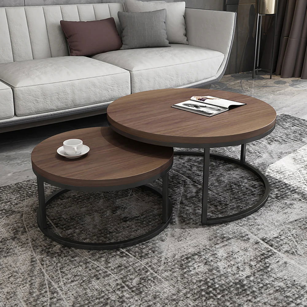 Fero 2 Pieces Modern Walnut & Black Round Nesting Coffee Table for Living Room - Homary