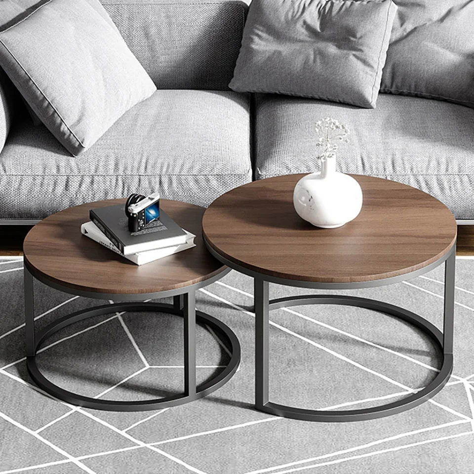 Fero 2 Pieces Modern Walnut & Black Round Nesting Coffee Table for Living Room - Homary
