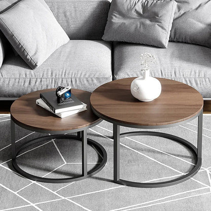 Fero 2 Pieces Modern Walnut & Black Round Nesting Coffee Table for Living Room - Homary