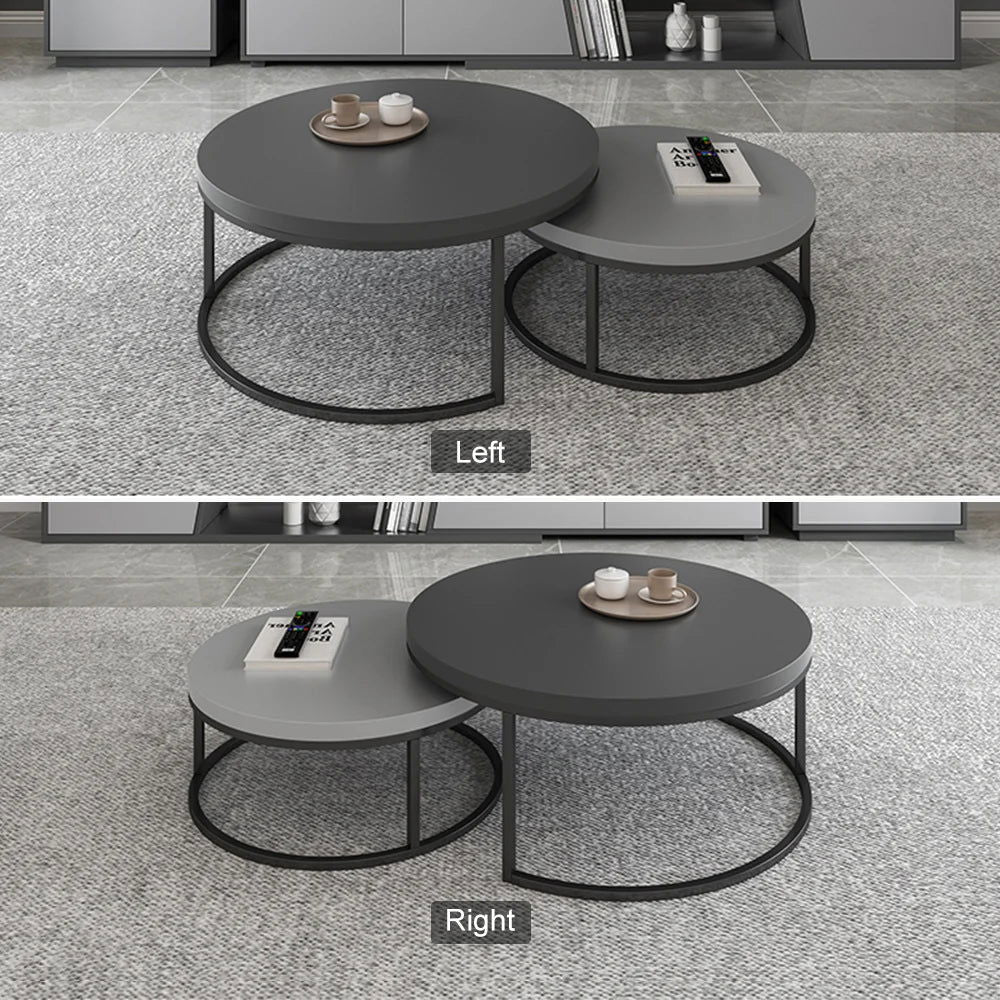 Fero 2 Pieces Modern Wood Grey & Black Round Nesting Coffee Table for Living Room - 