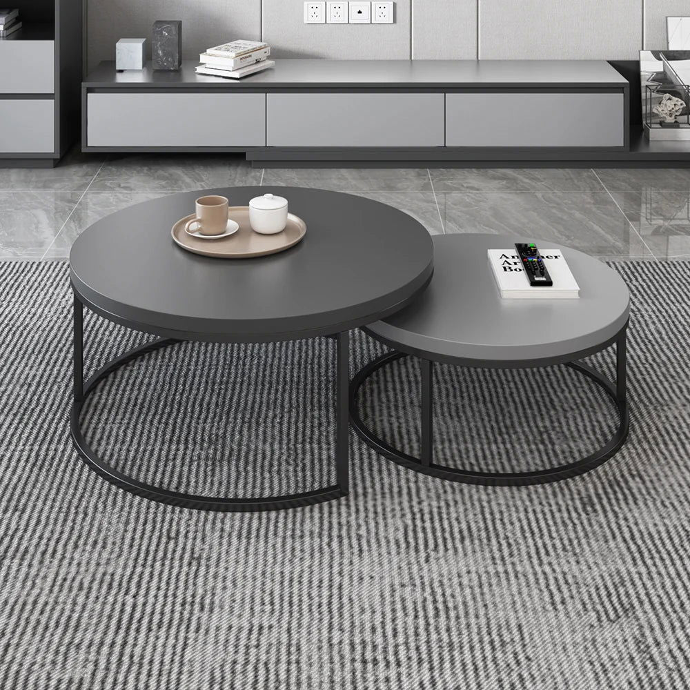 Fero 2 Pieces Modern Wood Grey & Black Round Nesting Coffee Table for Living Room - 
