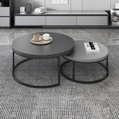 Fero 2 Pieces Modern Wood Grey & Black Round Nesting Coffee Table for Living Room - 