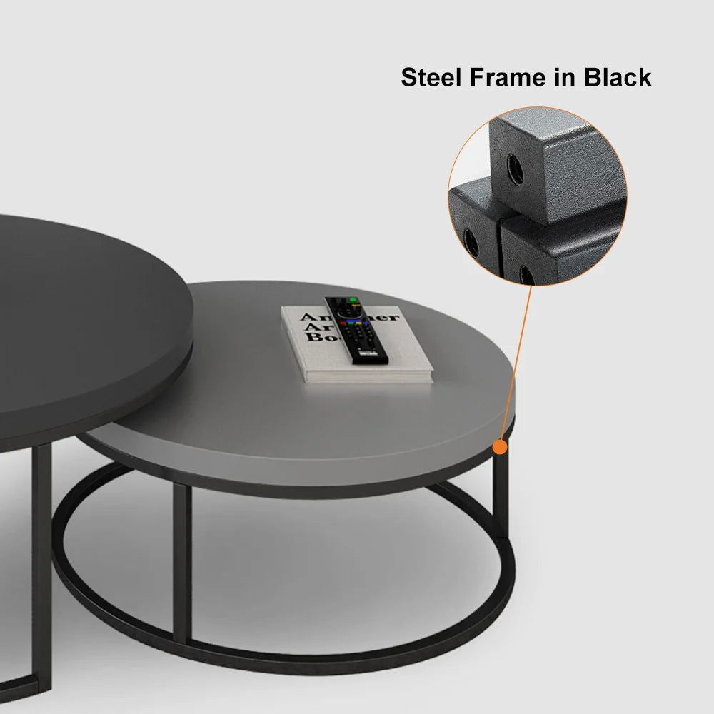 Fero 2 Pieces Modern Wood Grey & Black Round Nesting Coffee Table for Living Room - 