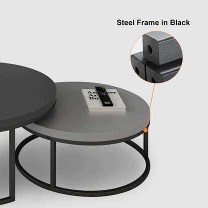 Fero 2 Pieces Modern Wood Grey & Black Round Nesting Coffee Table for Living Room - 