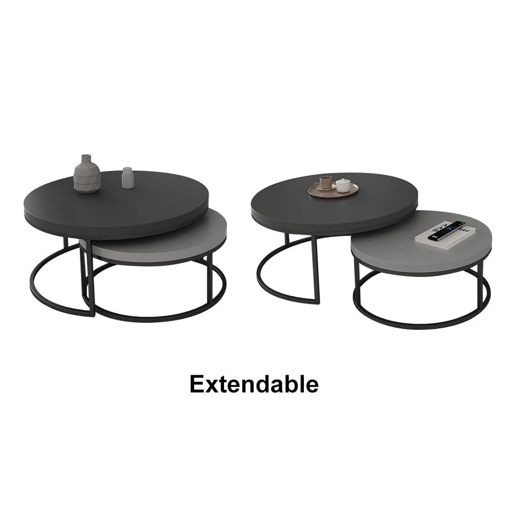 Fero 2 Pieces Modern Wood Grey & Black Round Nesting Coffee Table for Living Room - 