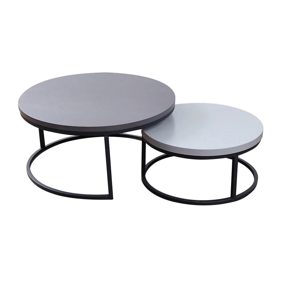 Fero 2 Pieces Modern Wood Grey & Black Round Nesting Coffee Table for Living Room - 