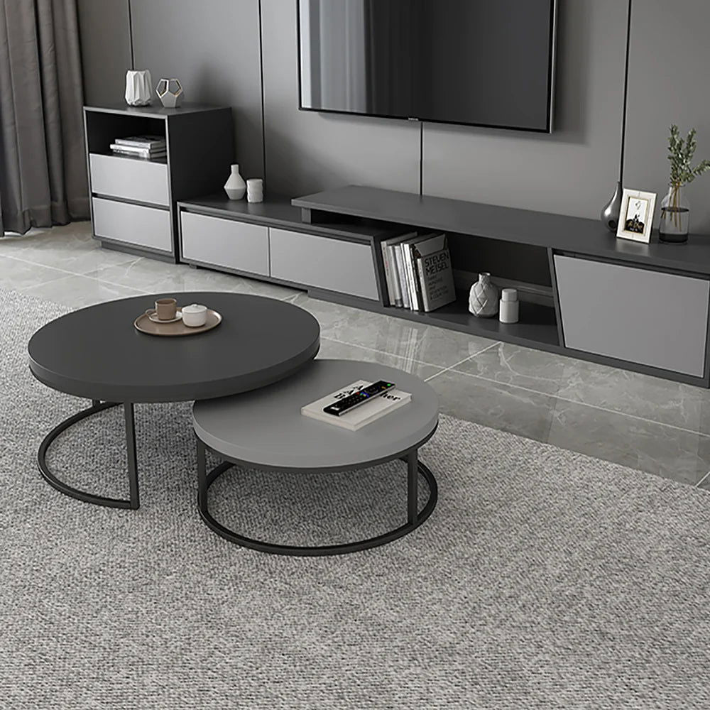 Fero 2 Pieces Modern Wood Grey & Black Round Nesting Coffee Table for Living Room - Homary