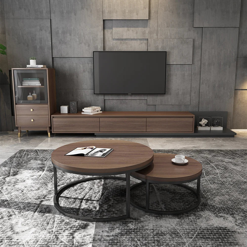 Fero Minimalist Retracted & Extendable 3 Drawers TV Stand & Round Nesting Coffee Table - 
