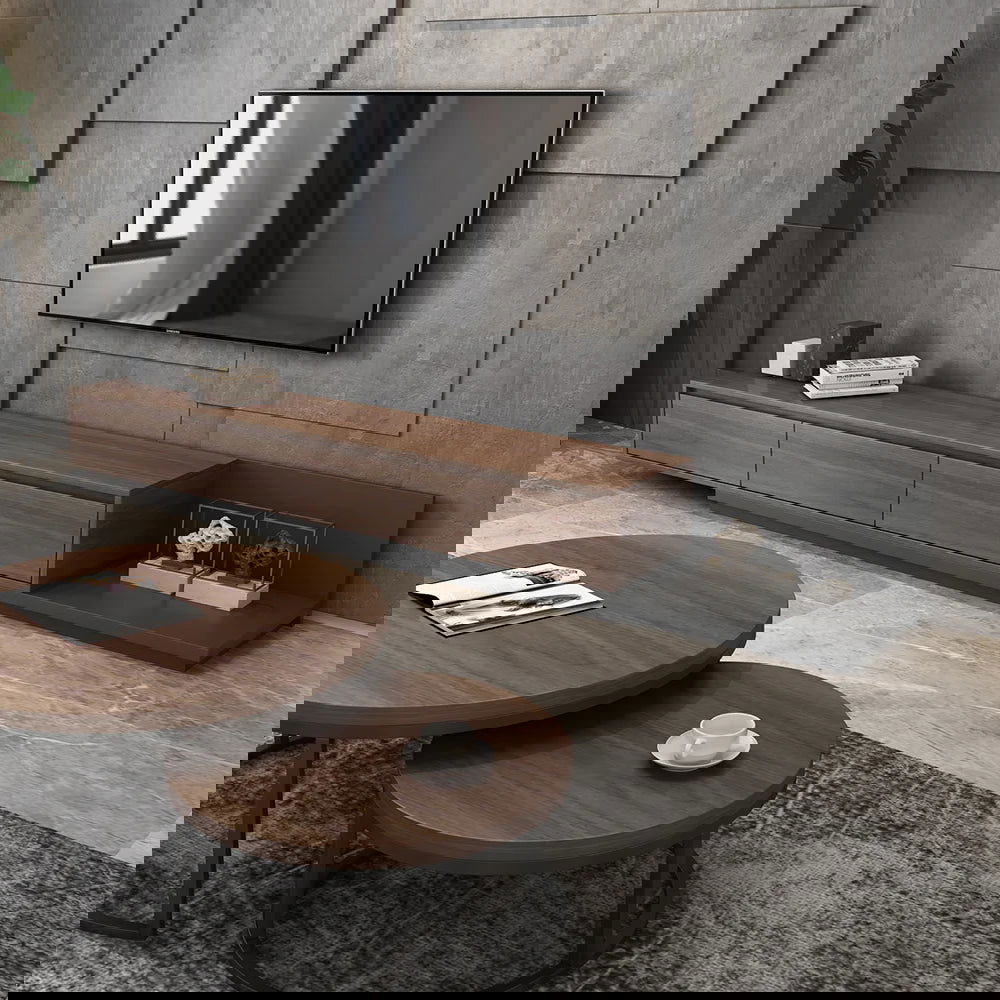 Fero Minimalist Retracted & Extendable 3 Drawers TV Stand & Round Nesting Coffee Table - 