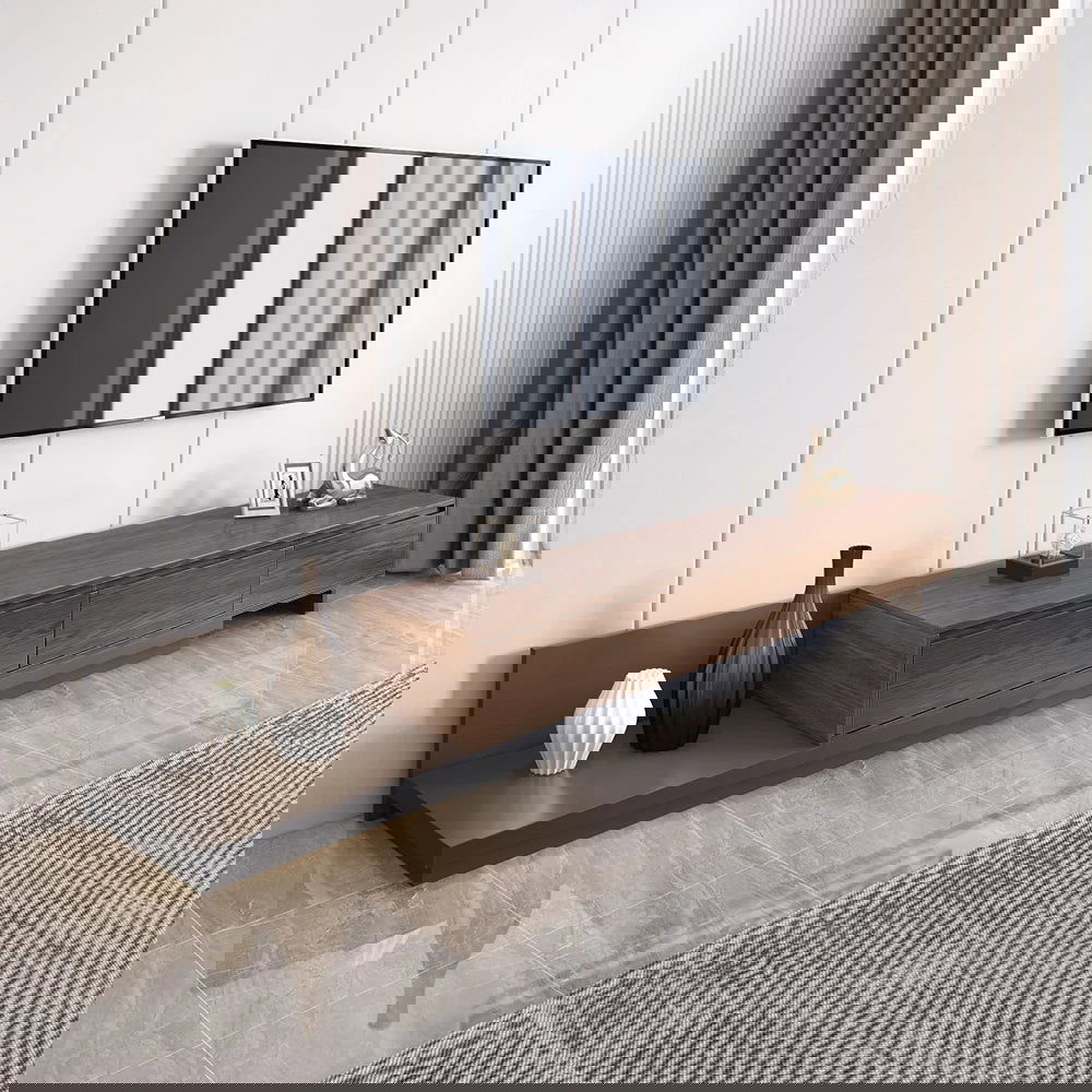 Fero Minimalist Retracted & Extendable 3 Drawers TV Stand & Round Nesting Coffee Table - 