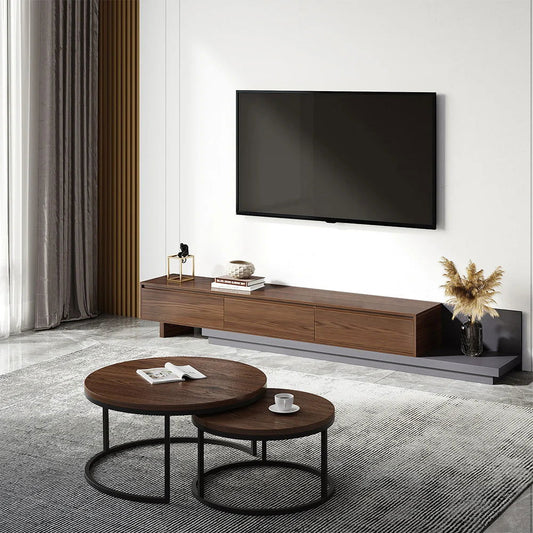 Fero Minimalist Retracted & Extendable 3 Drawers TV Stand & Round Nesting Coffee Table - Homary