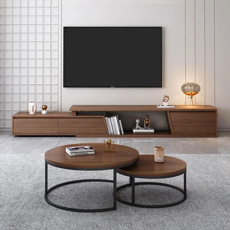 Fero Minimalist Walnut Rectangle Extendable TV Stand & Round Nesting Coffee Table Set - 