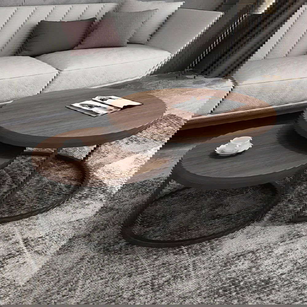 Fero Minimalist Walnut Rectangle Extendable TV Stand & Round Nesting Coffee Table Set - 